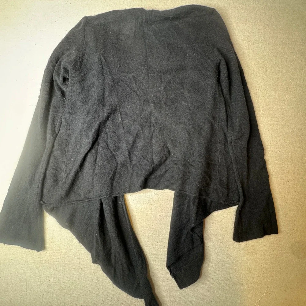 100% Cashmere Tie Front Wrap Cardigan Sweater L Black Balletcore Quiet Luxury